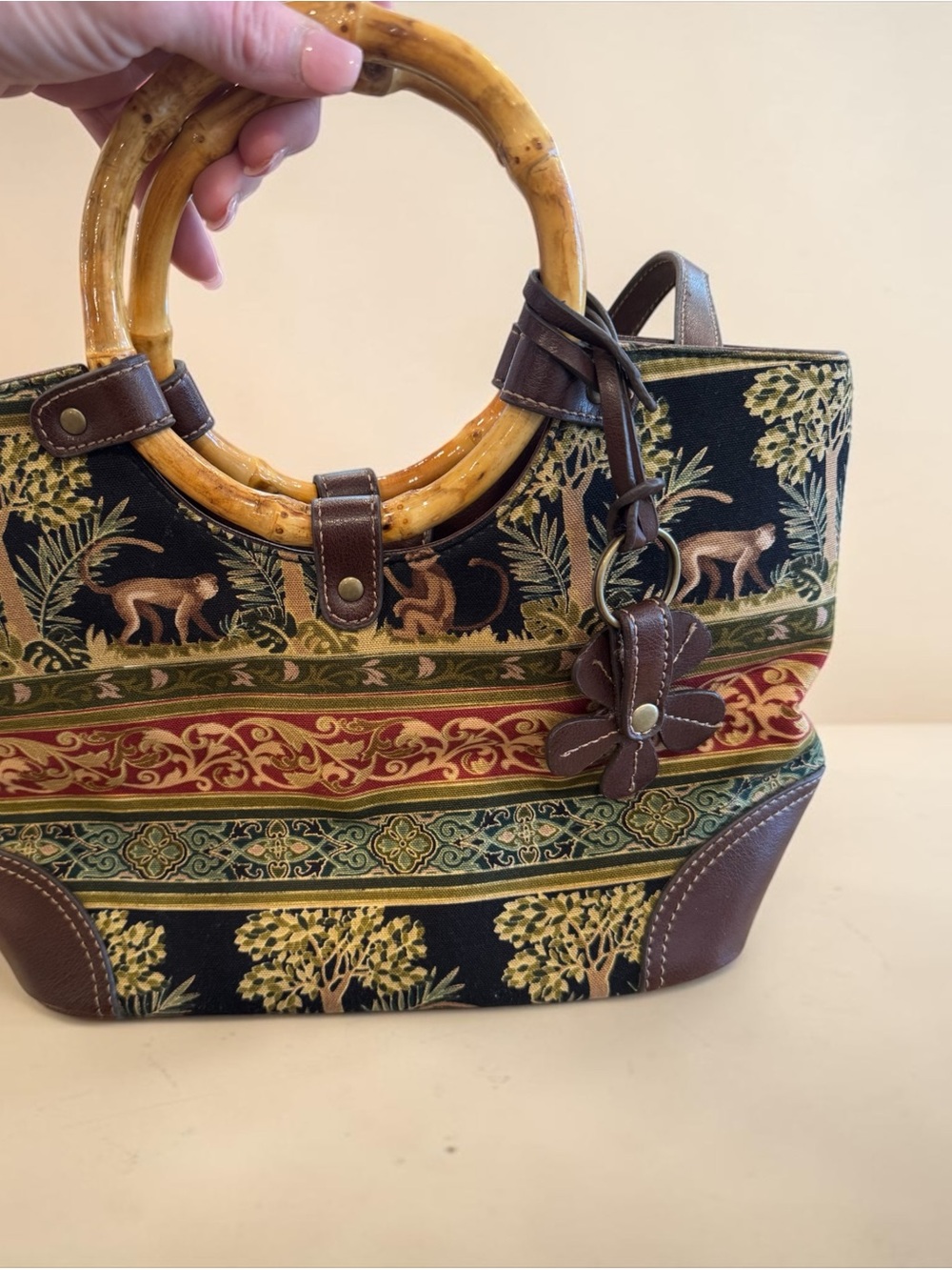 Floral Y2K Tapestry Bamboo-Handle Tote in Black and Brown-EUC!